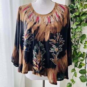Just Love Brown Black Tie Dye Boho Hippie Embroidered Soft Flowy Blouse Plus 2X